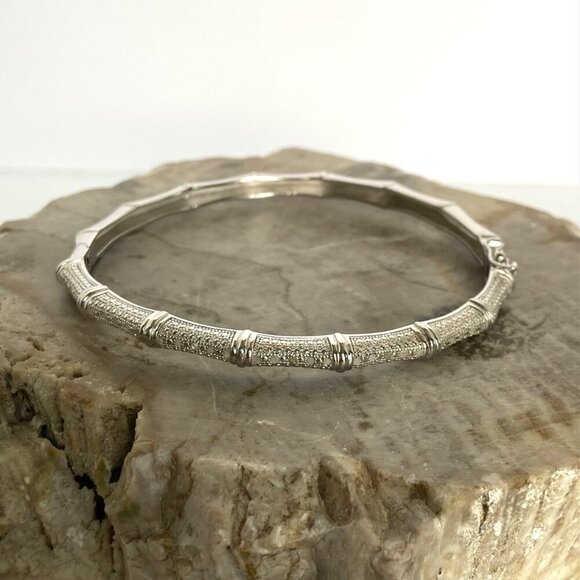 Sterling Silver 925 DBJ Oval Bamboo Hinged Diamond Bangle Bracelet Sz 7.25" - Picture 14 of 16